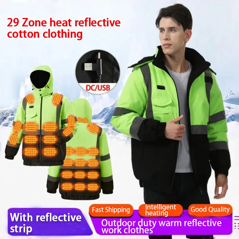 

Утепленная хлопковая куртка с подогревом (29 зон), зимняя, морозостойкая, толстая, со светоотражающими полосами, мужская, для активного отдыха, теплая рабочая одежда