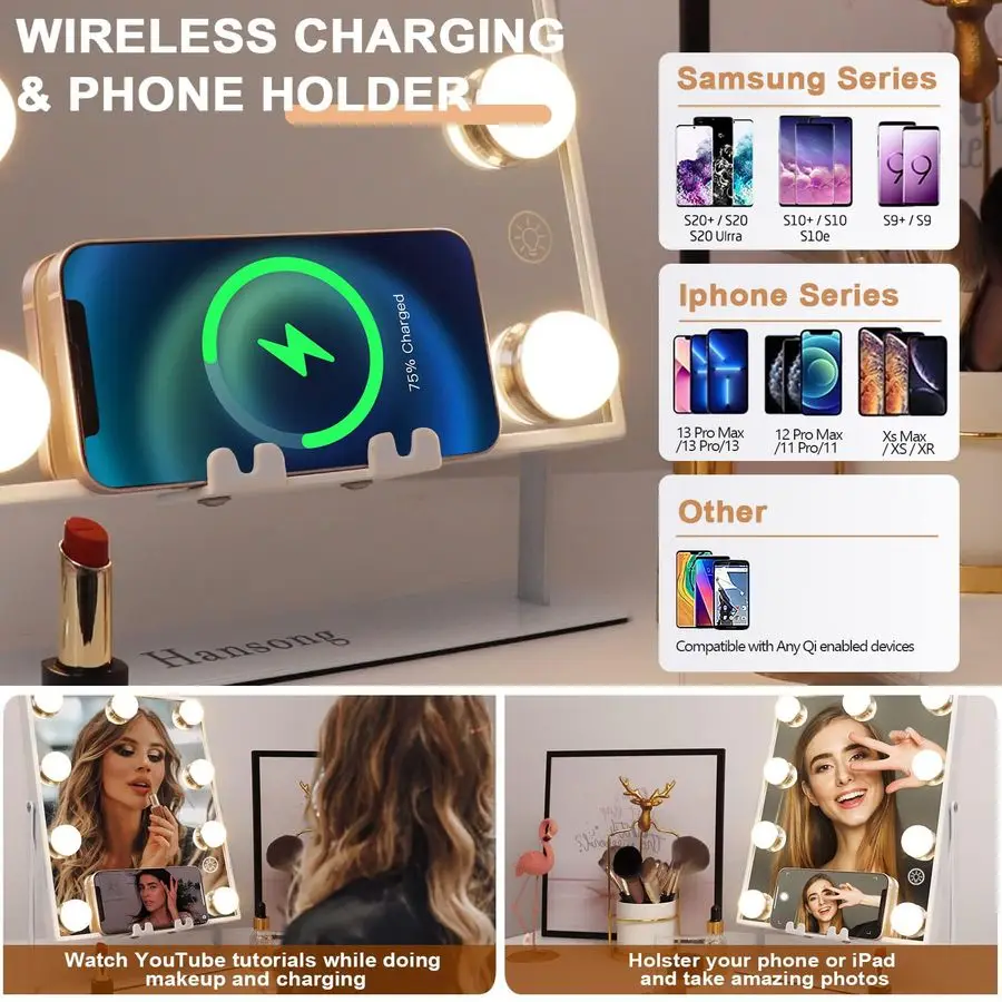 Beleuchteter Kosmetikspiegel mit Bluetooth-Lautsprecher und kabelloser Lade-Make-up-Spiegel mit Lichtern, 9 dimmbare Glühbirnen, beleuchteter Make-up-Mir
