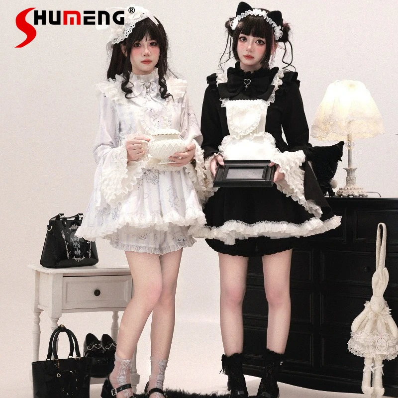 

Japanese Lolita Princess Bell Sleeves Detachable Apron Two-Piece Suit Women Cosplay Y2k Printed Flared Sleeves Dress Set Outfits