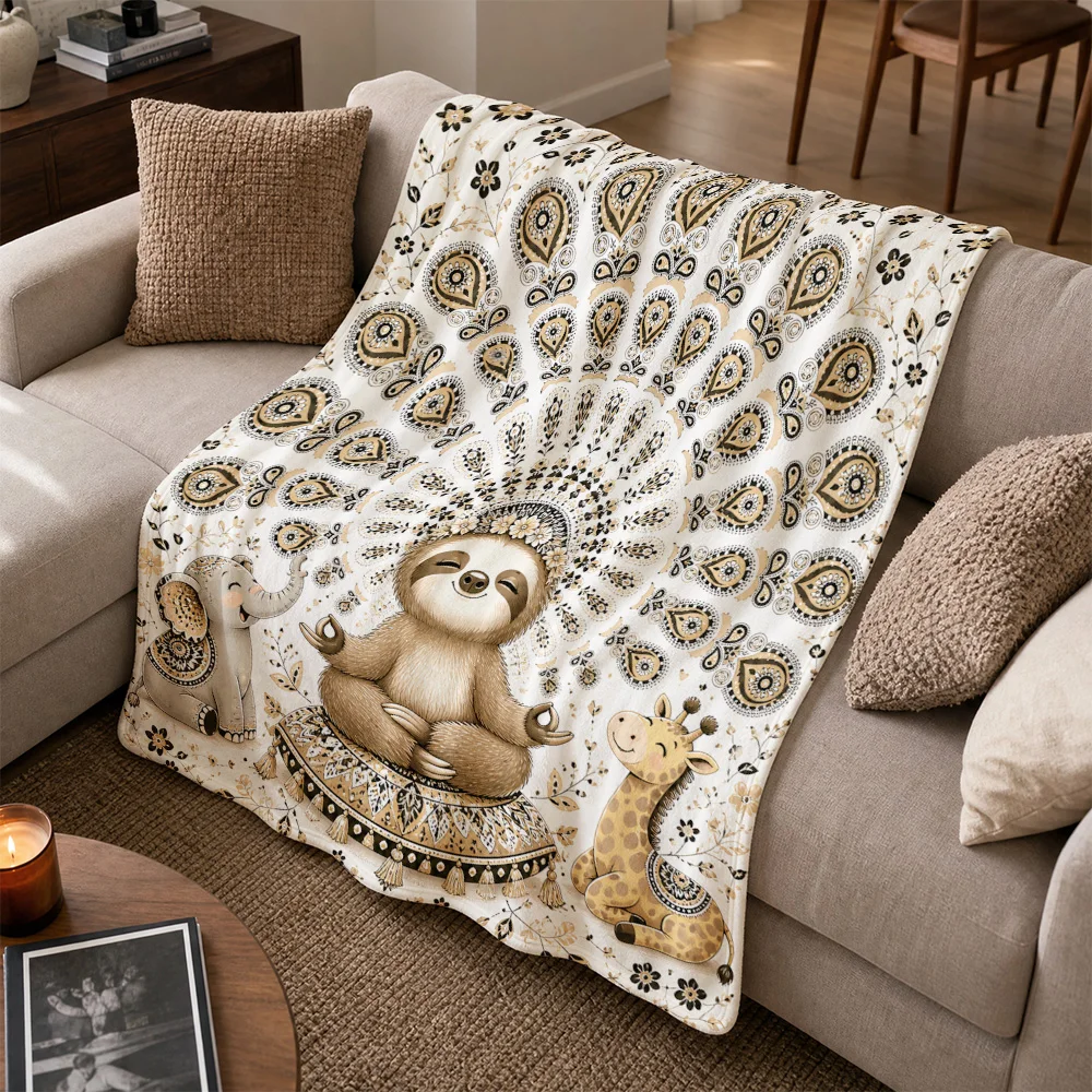 Highly Detailed Animal Print Sofa Throw Blanket for Living Room Couch Decor Boho Sloth Giraffe Elephant Wildlife Pattern Cozy Wi