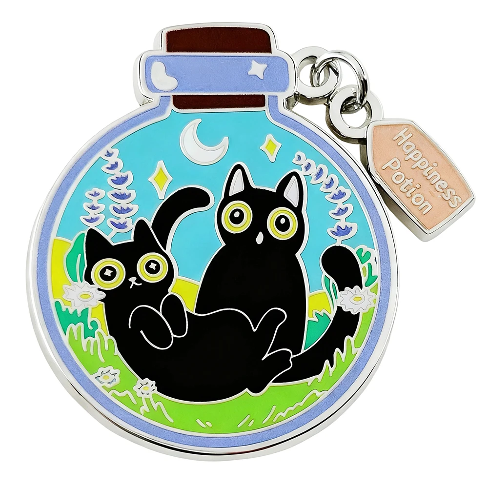 Happiness Potion Badge Cute Black Cats In A Bottle Enamel Pin Kitten Playing In The Woods At Night Brooch Novelty Jewelry Gift