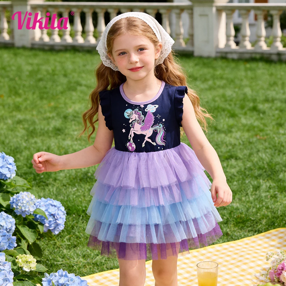 Girls Navy Licorne Cartoon Print Flare Sleeve Summer Colorful Dress Kids Tiered Tulle Mesh Tutu Princess Party Casual Dresses