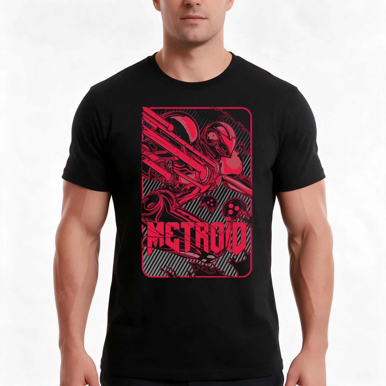 metroid T-Shirt, Summer Casual Cotton Tee, Oversized Streetwear Tops, Vintage Graphic Print, Loose Fit Short Sleeve, 100% Cotton