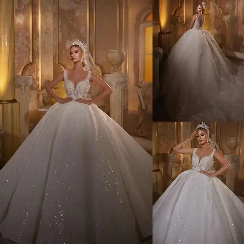 Arabic Dubai Ball Gown Wedding Dress Princess Women Sequins Sparkly Bride Robe Puffy Bridal Gowns Customized