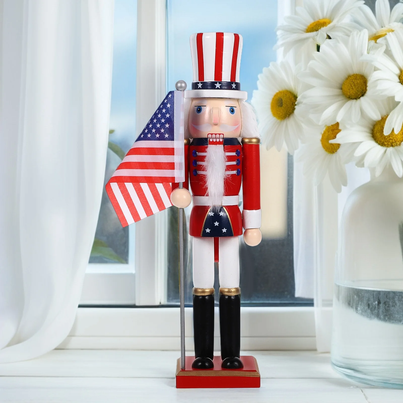 

Nutcracker Soldier 38cm Wooden American Flag Patriotic Nutcracker Christmas Tabletop Decor Independence Day Holiday Festive