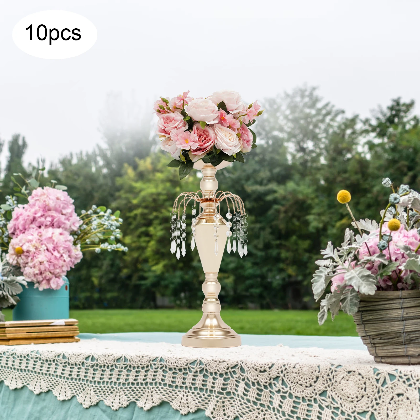 10 Pc Gold Wedding Centerpieces Vase & Pillar Candle Holder Floral Stands Reception Tables Decoration for Wedding Party Dinner