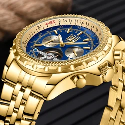 LIGE Brand Gold Watch Men Automatic Tourbillon Mechanical Watch for Men Week Date Luminous Waterproof Men's Watches Reloj Hombre