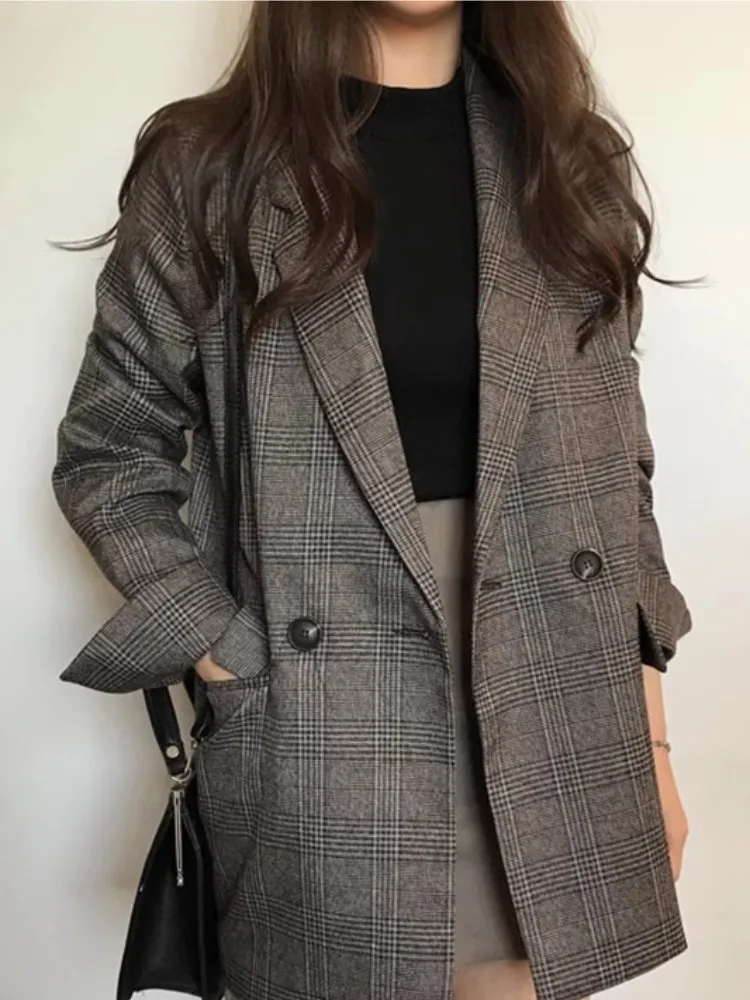 Retro Style Minimalist Suit Jacket For Women'S Autumn And Winter Classic Plaid Double Row Two Button Loose Casual Top