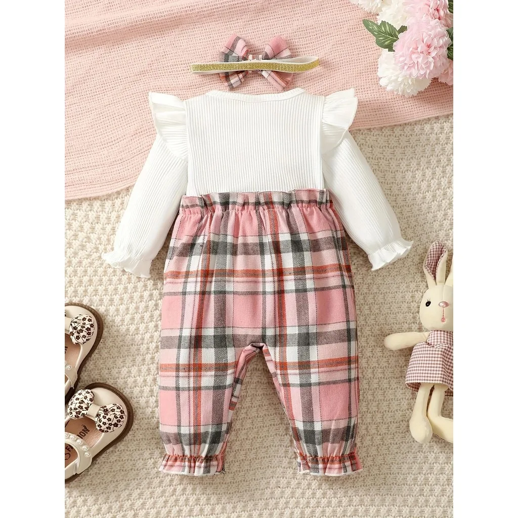 Romper for 1-18Months Newborn Baby Girl Long Sleeved Checkered Jumpsuit Paired with Cute Headband 2PCS Autumn Fashion Clothing
