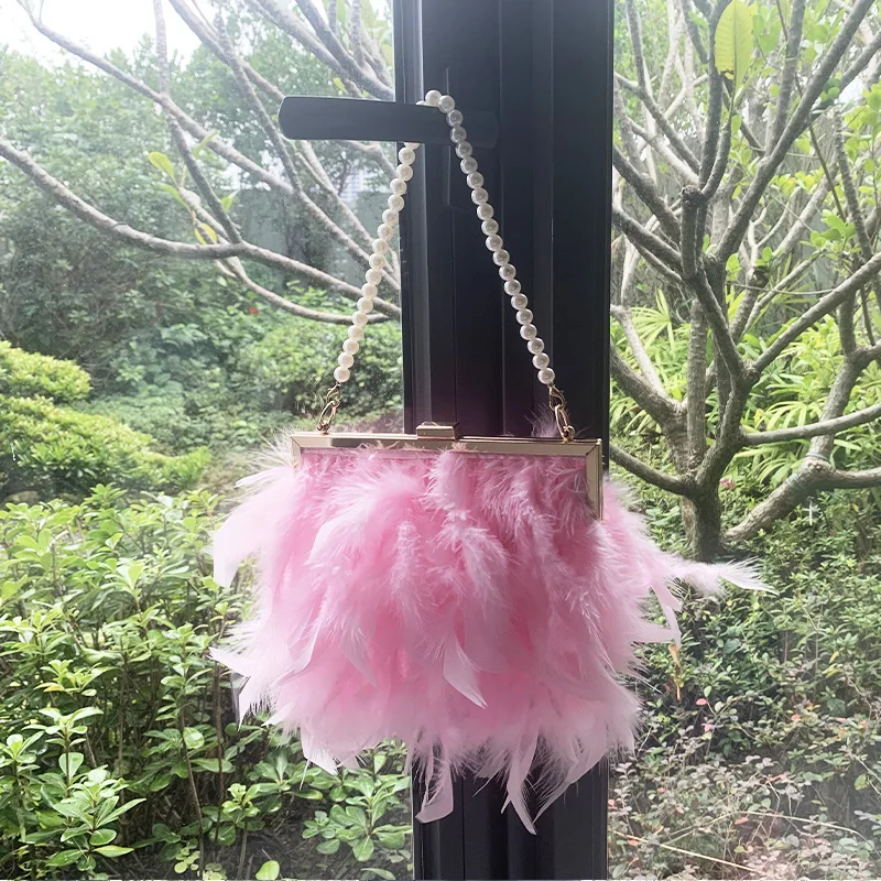 Fashion Turkey Feather with Pearls Handles Handbag Clutch Designer Woman Faux Fur Crossbody Shoulder Feather Bridal Bag