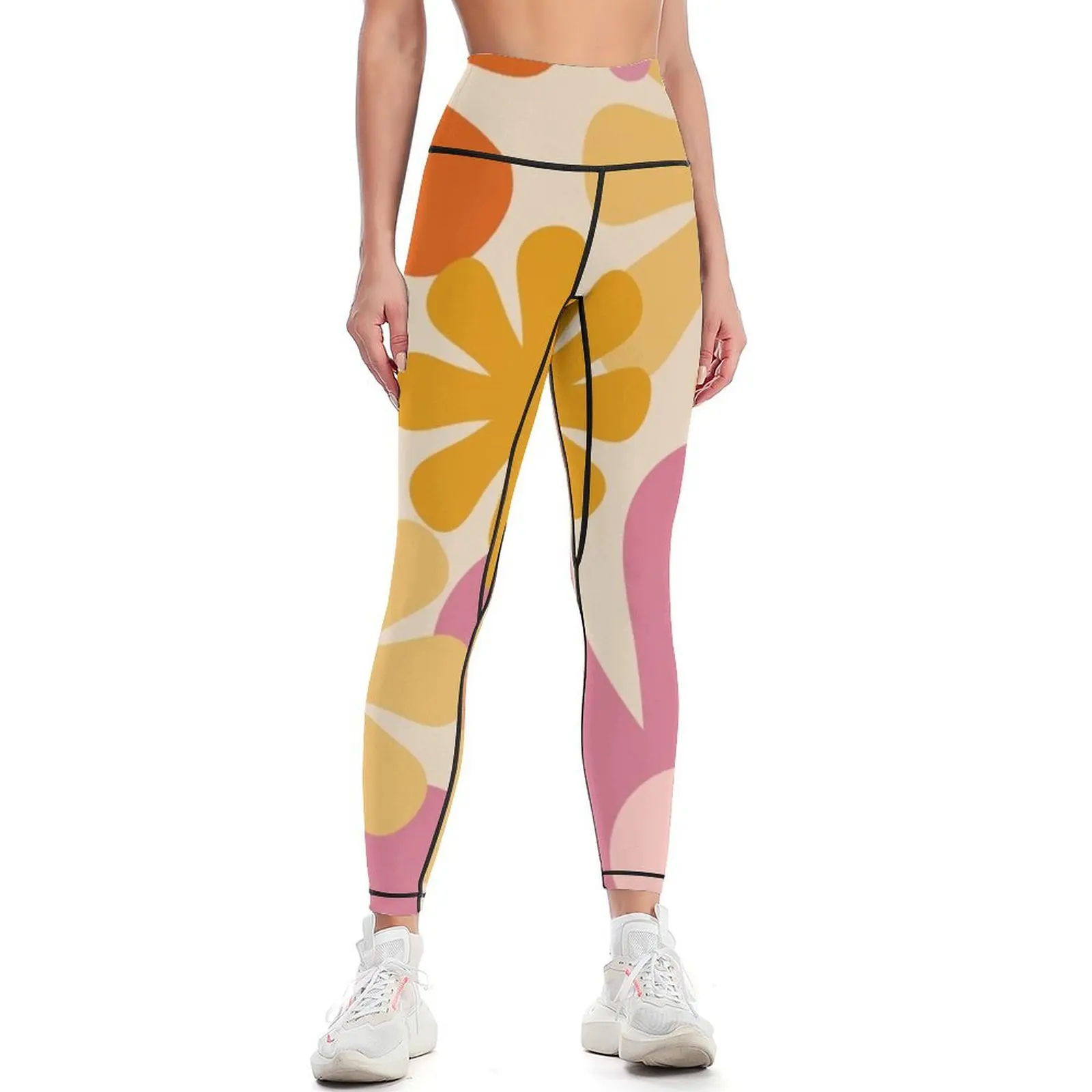 Retro 60s 70s Flowers - Vintage Style Floral Pattern in Thulian Pink, Orange, Mustard, and Cream Leggings