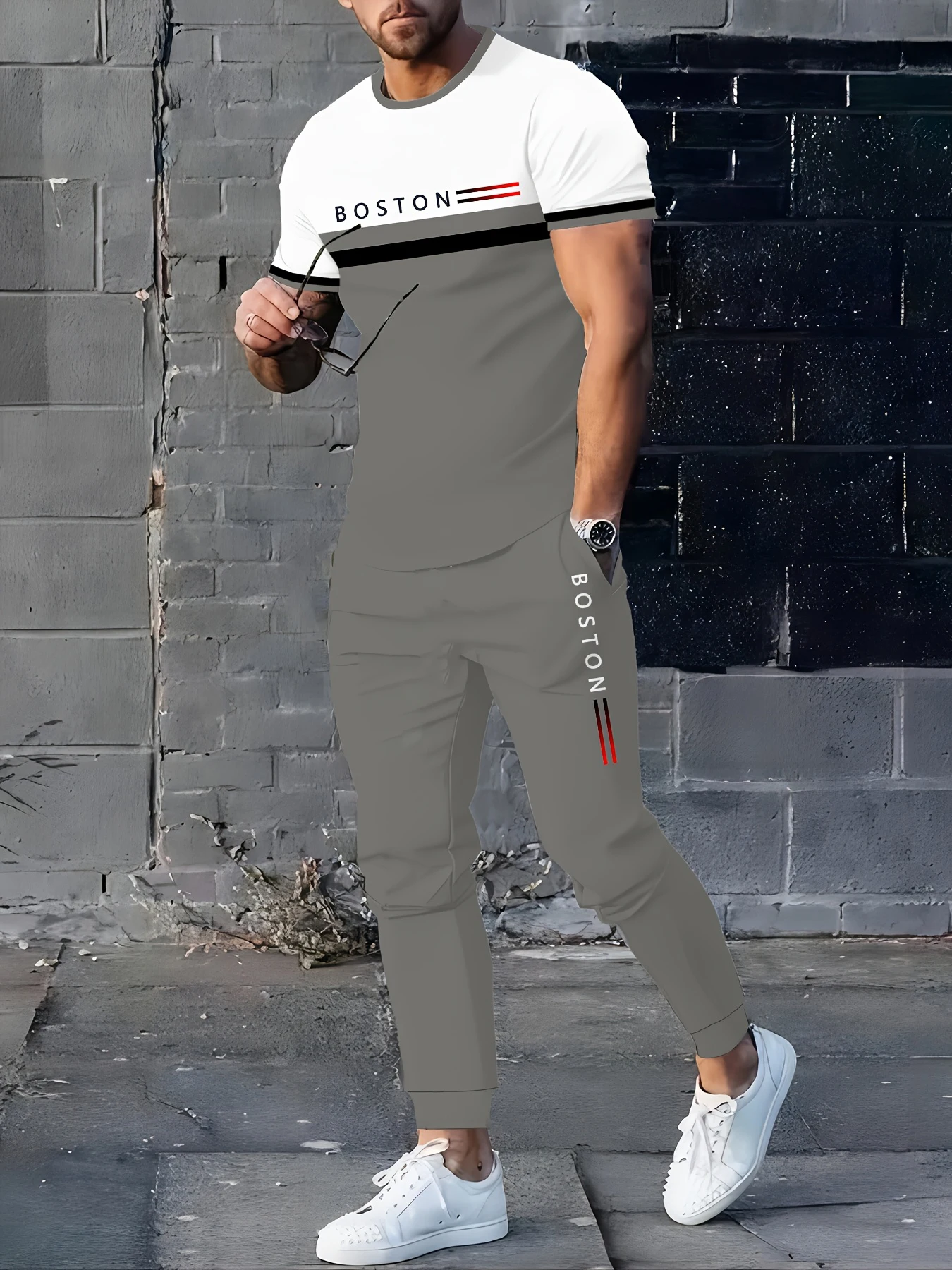 

Men's Boston Letter Print Streetwear Set Crew Neck Tee Drawstring Pants Lightweight Breathable Quick Dry Comfort Casual Two Piec