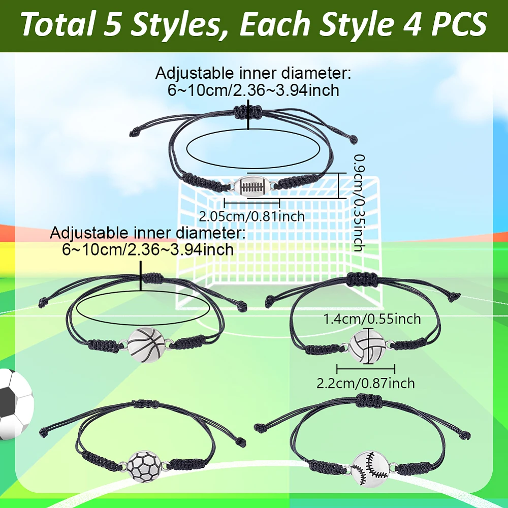 20pcs Sports Charm Bracelets 5 Styles Sport Theme Adjustable weave Rope Rugby Tennis Football Basketbal Volleyball Ideal