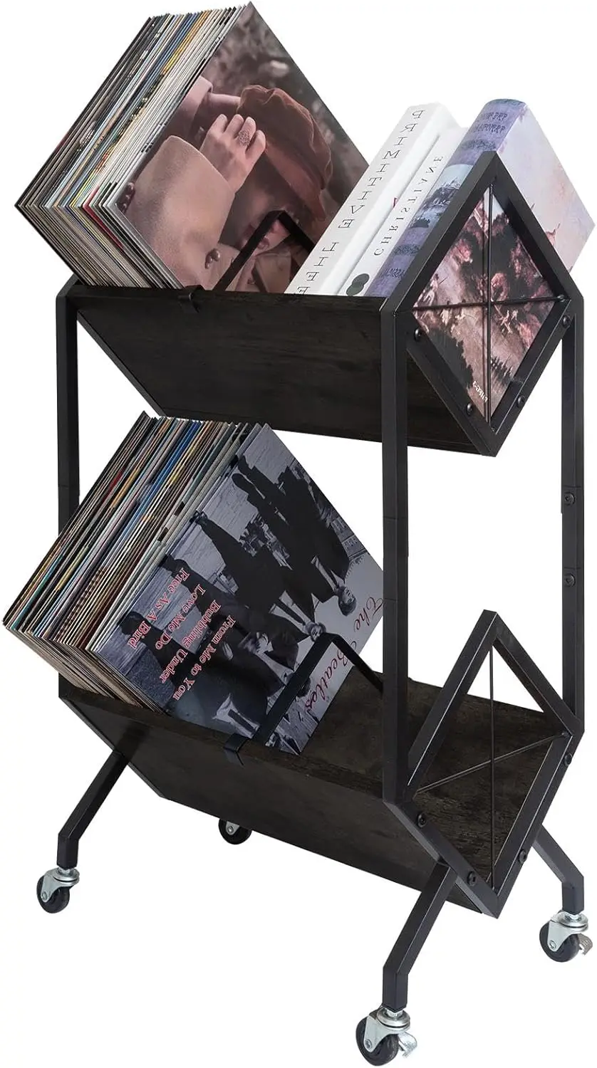 

2-Tier Vinyl Record Storage Holder with Wheels, Retro Style for Albums & Books, Quick Assembly