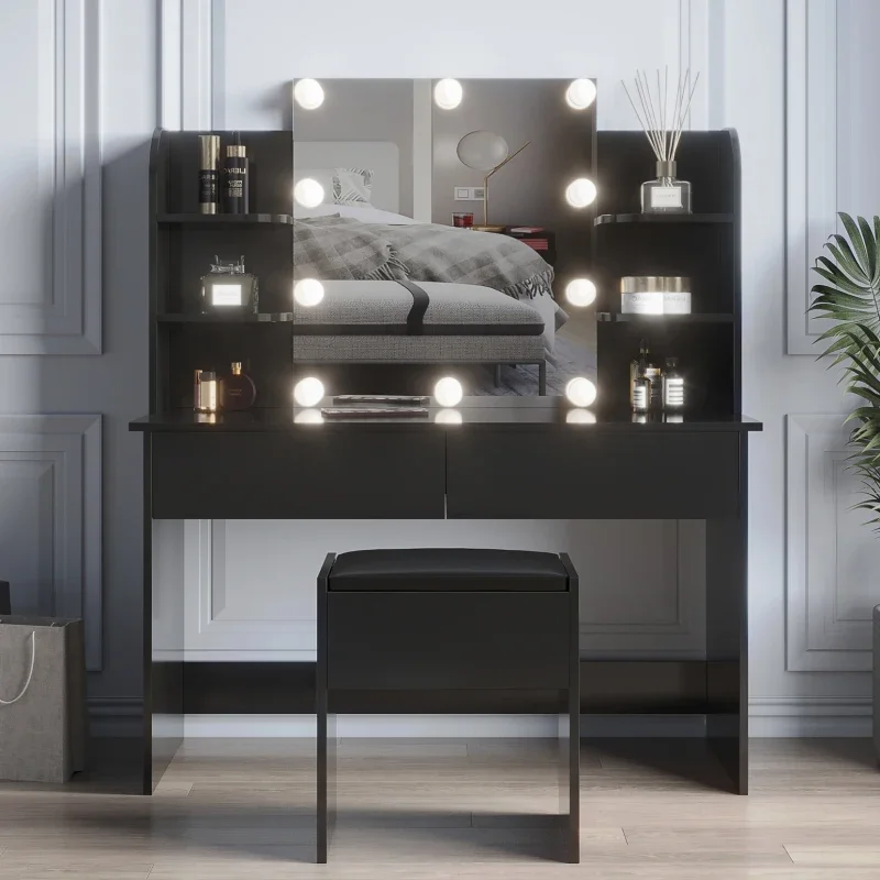 

Modern Dressing table with 2 Drawers, 4 open shelves，Rectangular Makeup Table with Mirror, 10-lamp bulb，for Bedroom, Black