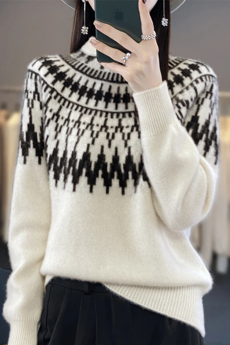 

New autumn and winter wool blend semi high collar jacquard pullover casual women's versatile, fashionable, simple and warm top