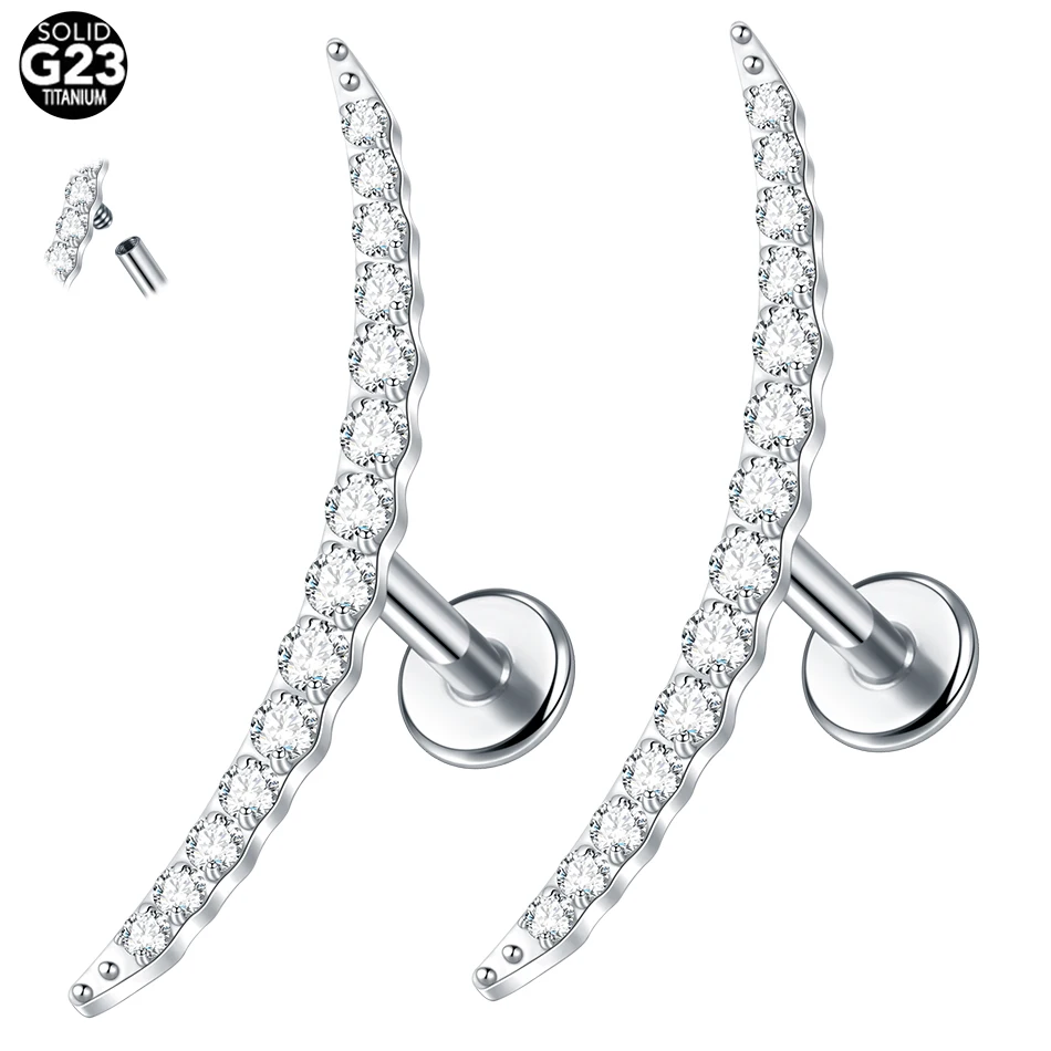 1/5PCS Titanium Flat Back Lobe Helix Earring Stud Internally Threaded CZ Crystal Flower Labret Cartilage Tragus Piercing Jewelry