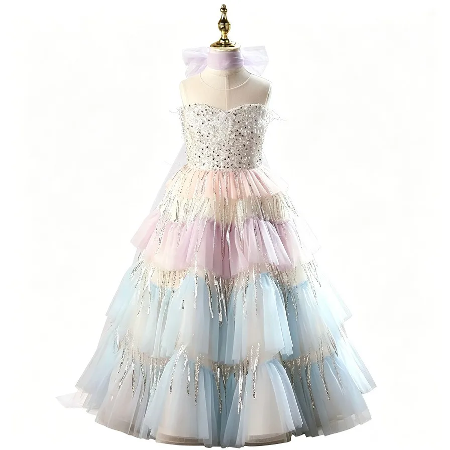 Kinder Regenbogen-Pailletten Mehrlagiges Tüll-Langes Kleid Mädchen Festkleid Geburtstagsparty Blumenmädchenkleid A5091 Vestido de Festa Infantil – Detail 8