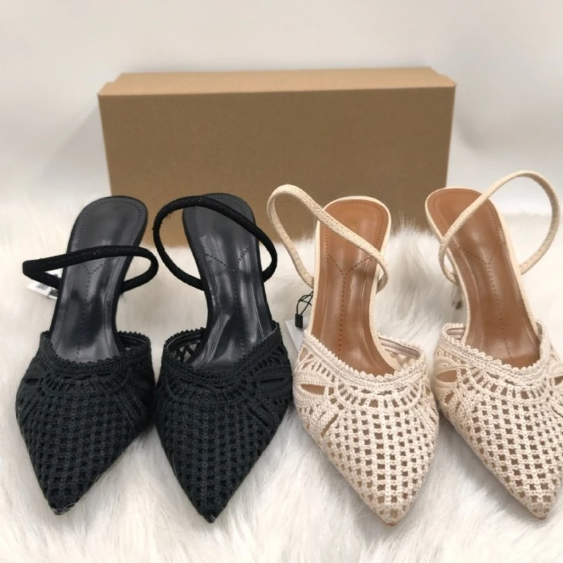 Women Sandals White Crochet Knit Slingback Heels Pumps Pointed Toe Hollow Stiletto Heel Ladies Elegant Backless Daily Wear Shoes view 2