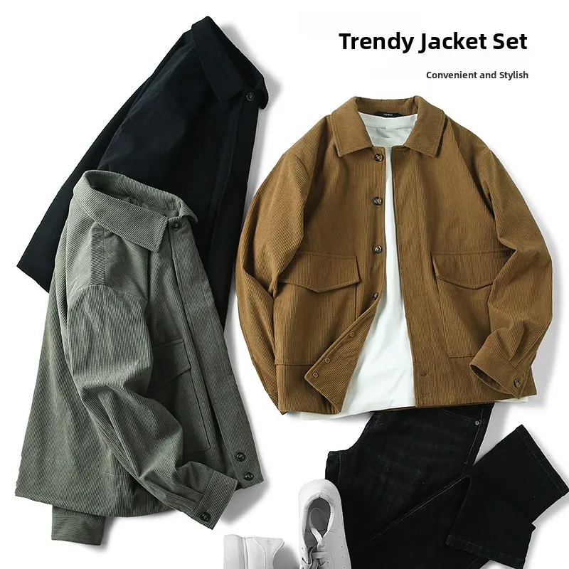 

Classic Never out of Sle INS Trendy Brand Retro Collar Corduroy Autumn Men's Workwear Jaet Stripe Velvet Outerwear