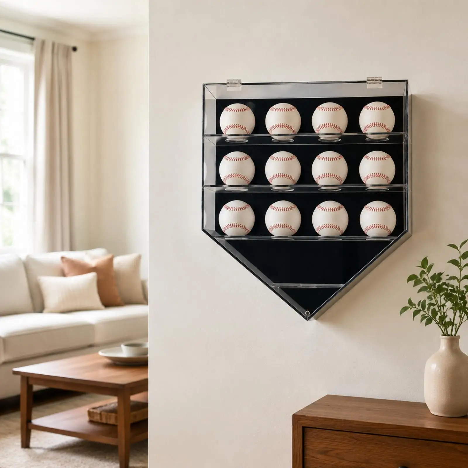 Wall Mount Acrylic Baseball Case with Hinged Front Cover and Internal Shelves for Sports Room Custom Jersey Display
