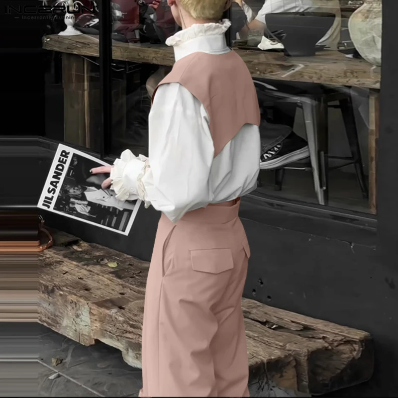 

INCERUN мужские комплекты однотонные укороченные жилеты без рукавов с v-образным вырезом и брюки нестандартной формы из 2 предметов уличная одежда свободные модные повседневные мужские костюмы 2025 года