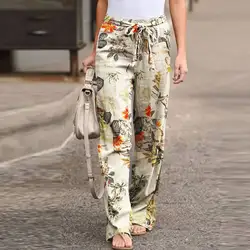 Vintage Printed Women Pants Spring Autumn Fashion Drawstring Wide Leg Elastic Waist Trousers Ladies Casual Loose Long Pantalones
