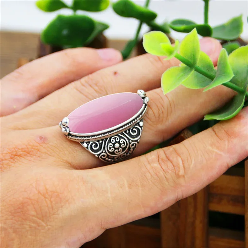 Flower Band Oval Opal Rings For Women Vintage Look Antique Silver Plated Personality Fashion Jewelry