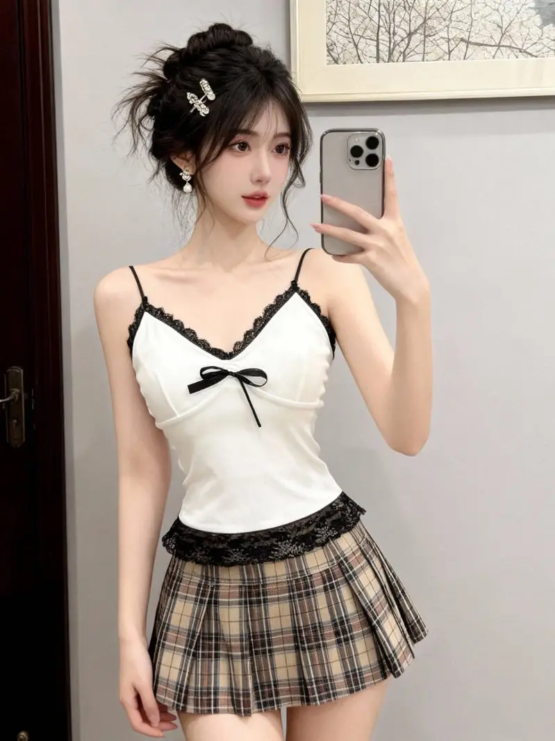 Fashionable Lace Trim V-Neck  Strap Vest Summer Spicy Girl Inner Wear Beautiful Back Bra Integrated with Chest Pad Outerw...