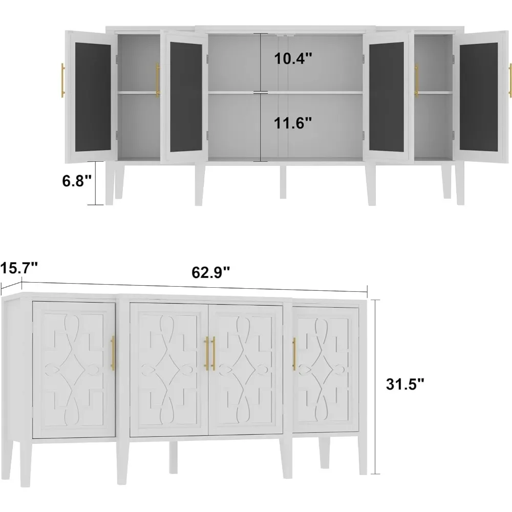 Convex Sideboard Buffet Cabinet with 6 Storage Compartments & 4 Carved Mirror Doors, Kitchen Console Table Storage