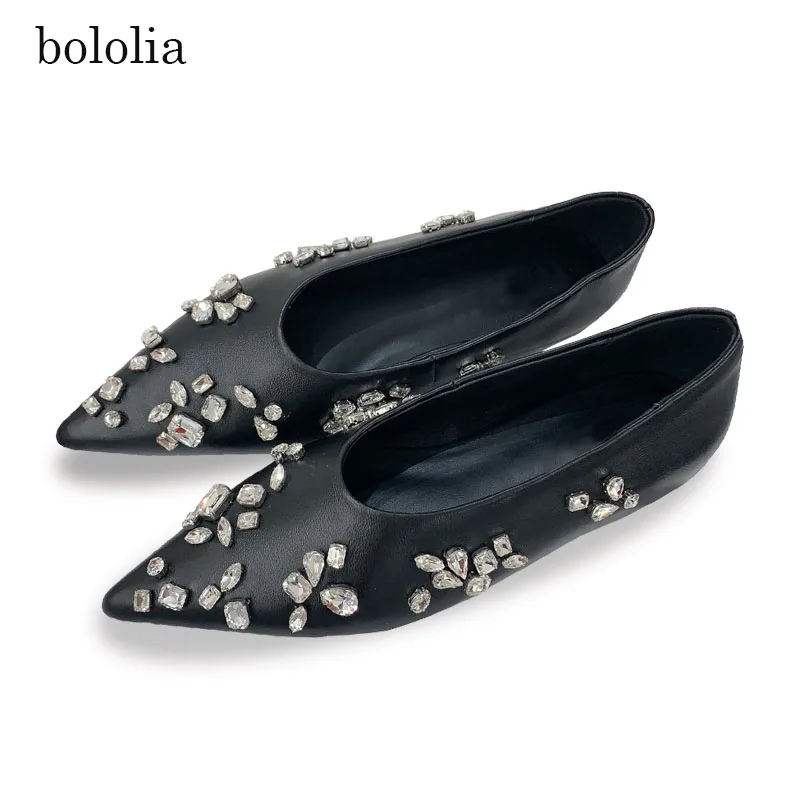 

High Quality Crystal Decoration Genuine Leather Ballet Flats Pointed Toe Flat Mules Fashion Slip-on Jeweled Casual Shoes