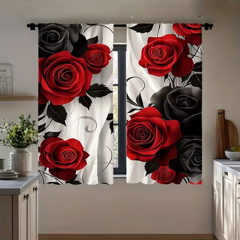 2PC Red Black Rose Curtains 3D Print Light Filtering Drapes Gothic Romantic Home Decor for Bedrooms and  Living Rooms