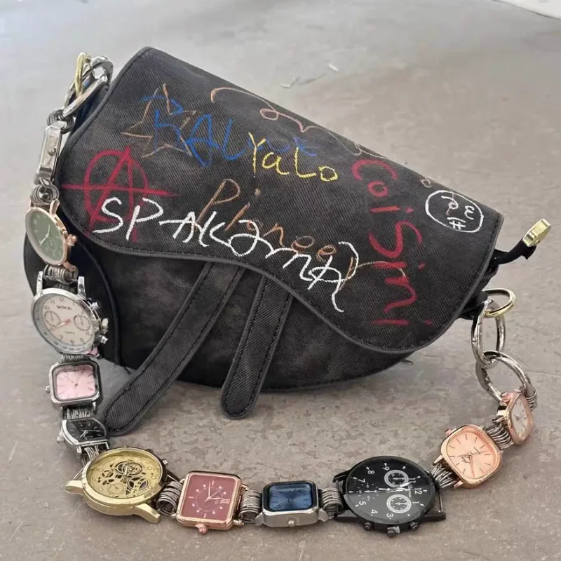 

New Style Fashionable Saddle Bag Hand-painted Graffiti Crossbody Bags Chic Creative Handbag Korean-style Versatile Commuter Bags