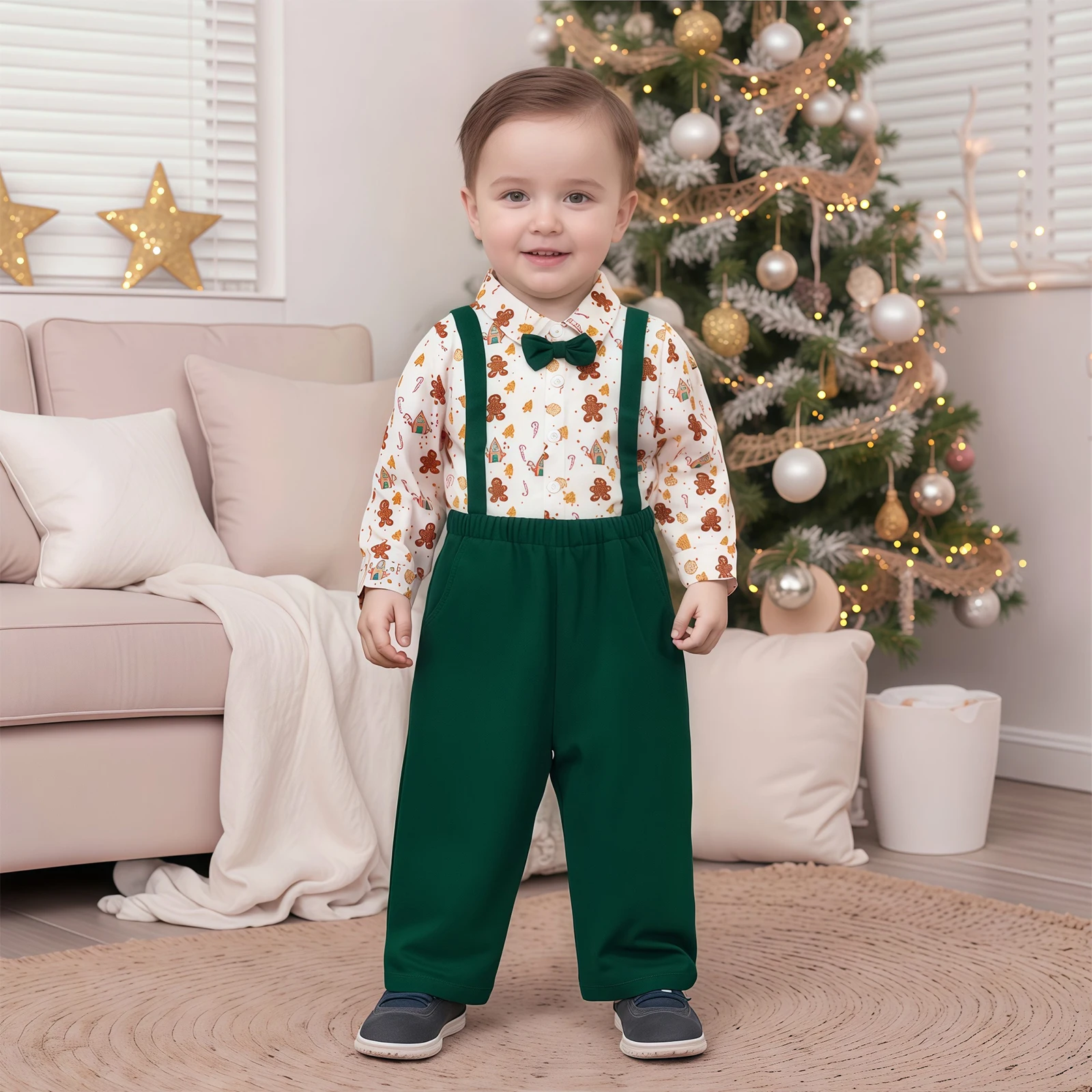1-5Y Toddler Baby Boys Clothes Set Christmas Gingerbread Pattern Long Sleeve Lapel Shirt Solid Color Overalls Pants 2Pcs Outfits