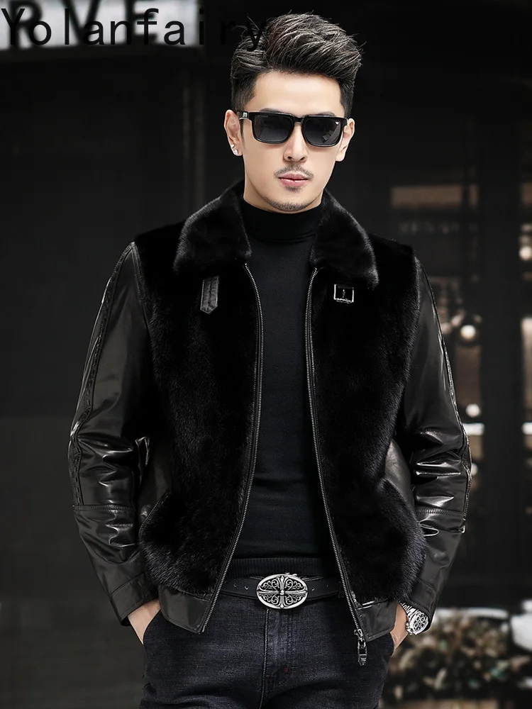 YOLANFAIRY Real Goatskin Genuine Leather Jacket Man Winter Warm Natural Leather Spliced Mink Fur Coat Men Clothing Jaquetas 2025