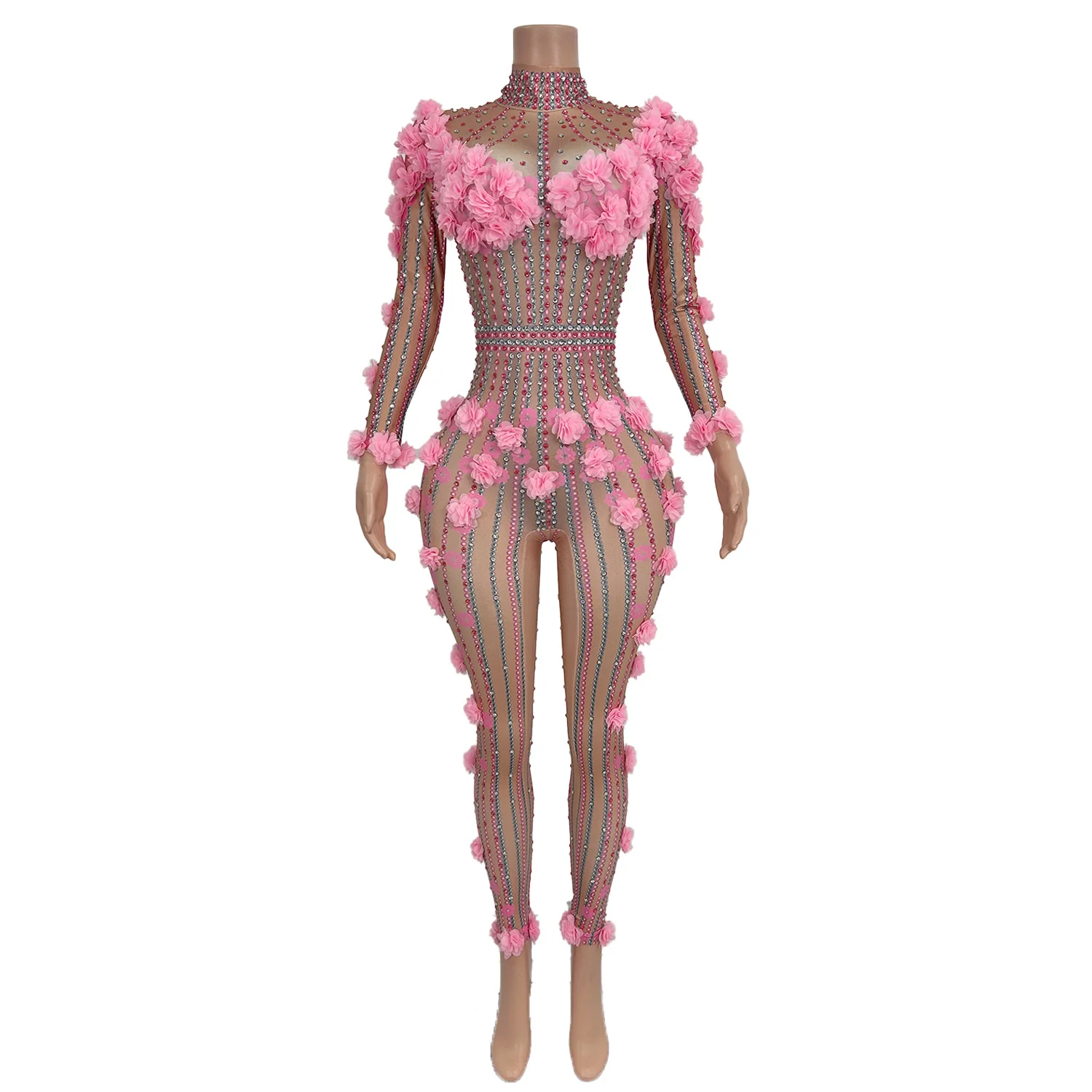 Fashion Flower Rhinestones Long Sleeve Jumpsuit Women High-end Nightclub Party Performance Dance Tight Fitting Outfit Huaduoku