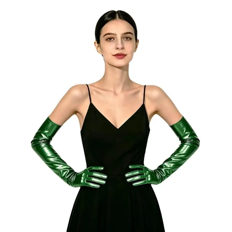 Sexy Lackleder Damen Lange Handschuhe, Punk Rock HipHop Jazz Disco Pole Dance Metallische Fäustlinge, Halloween Cosplay – Detail 7