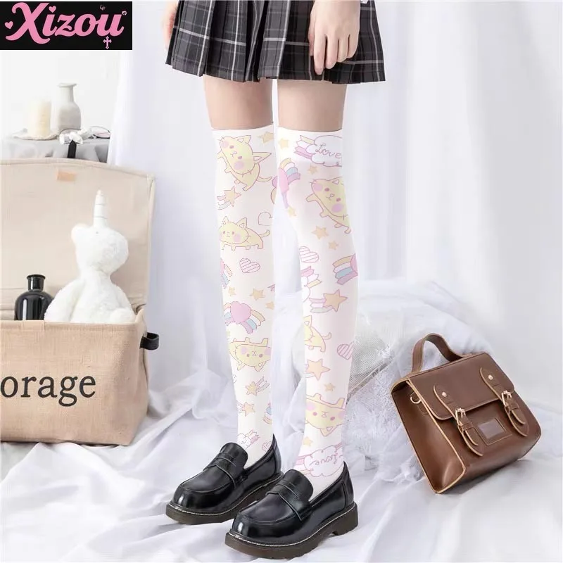 Japanese Lolita Animation Print Stockings Thin Women Spring Autumn Knee Long Tube Soft Cute Girl Kawaii White Pink Velvet Socks