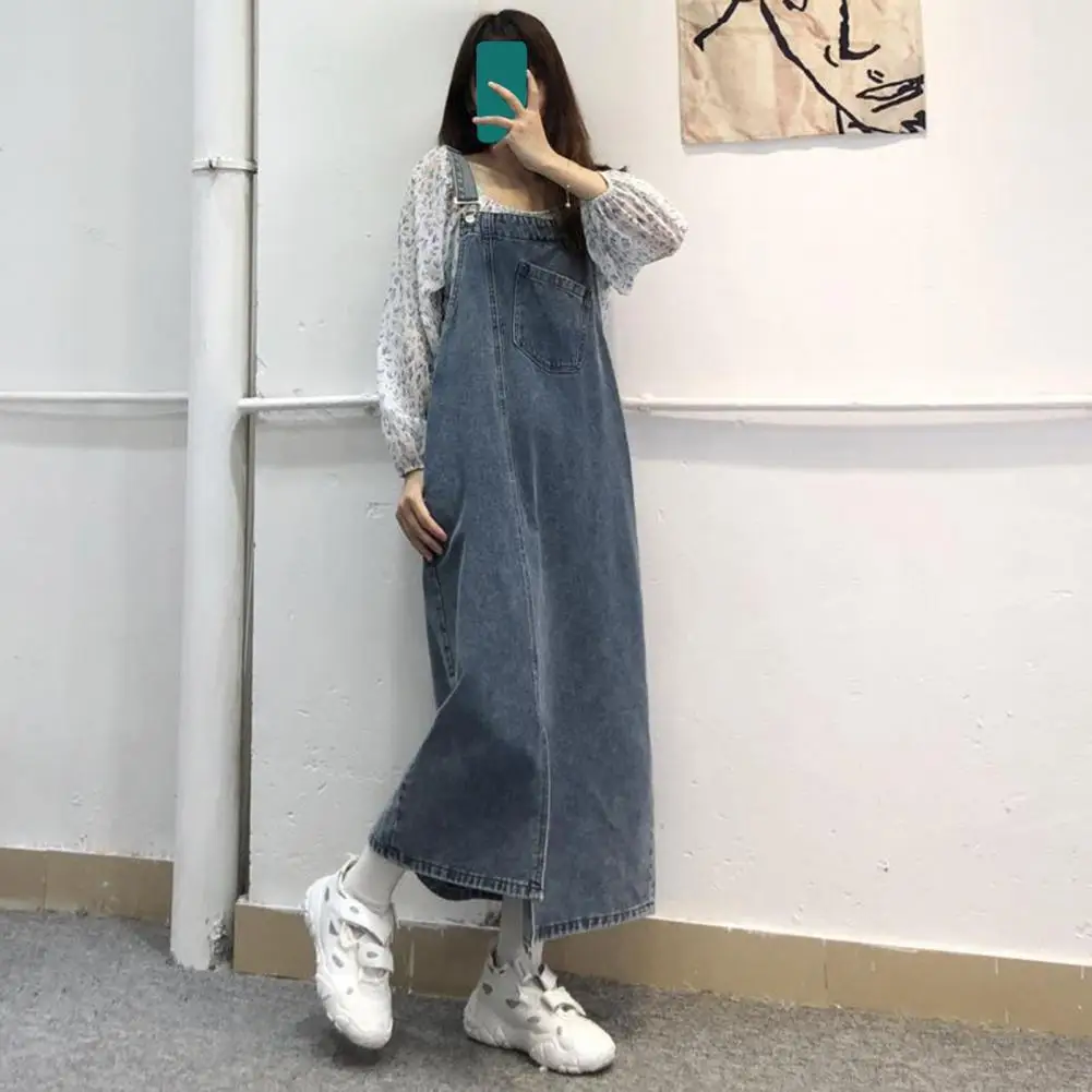 Spring Summer Denim Overall Dress Loose Side Pockets Split Hem Adjustable Shoulder Strap Student Midi Jeans Dresses