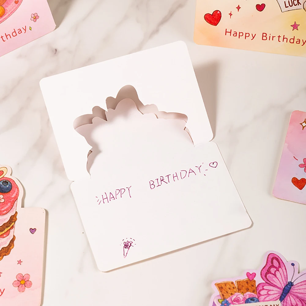Imagen 6: Tarjeta de felicitación creativa para pastel de cumpleaños 3D de acuarela, mensaje de bendición, tarjeta pequeña, tarjeta de regalo de recuerdo, 6 uds.