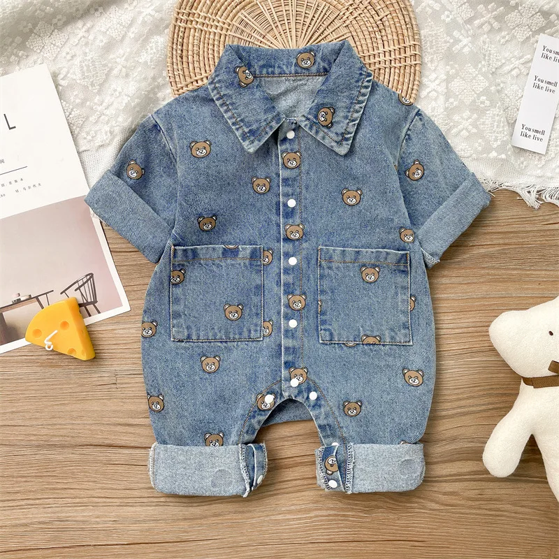 Infant Baby Romper Denim Bear Print Long Sleeve Cowboy Fall Newborn Boys Soft Jumpsuit Fashion Toddler Clothing Ruffles Overalls