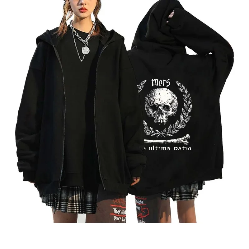 

Men's Hooded Jacket Black Skull Print Mors Ultima Ratio Gothic Punk Streetwear Casual Outwear for Men
