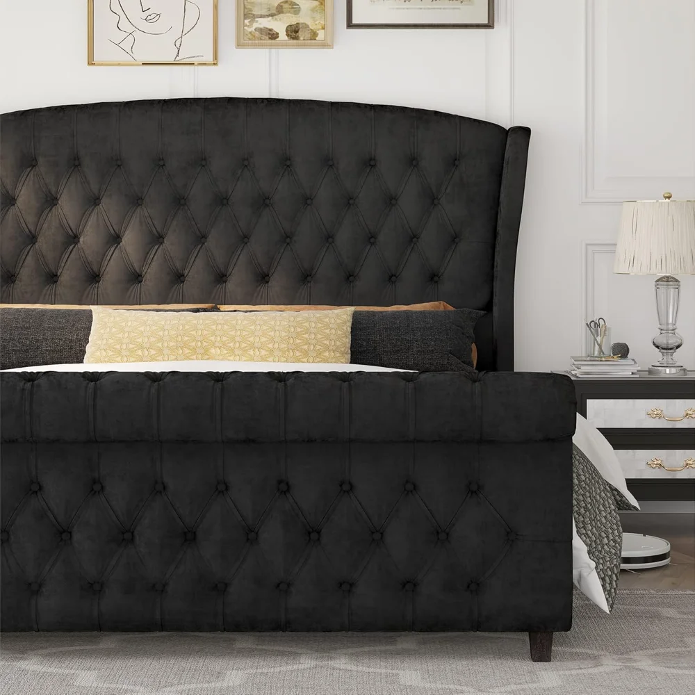 King Size Bed Frame, Velvet Upholstered Sleigh Bed w/Scroll Wingback Headboard & Footboard/Button Tufted/No Box Spring Required image 3