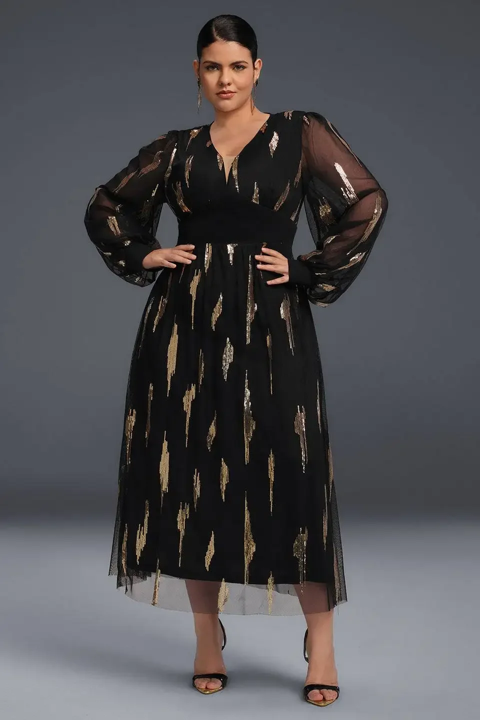 

Women Plus Size Elegant Evening Dress Long Sleeve Sexy V-Neck Sequin Printed Casual Vintage See Through Long Dress for Women