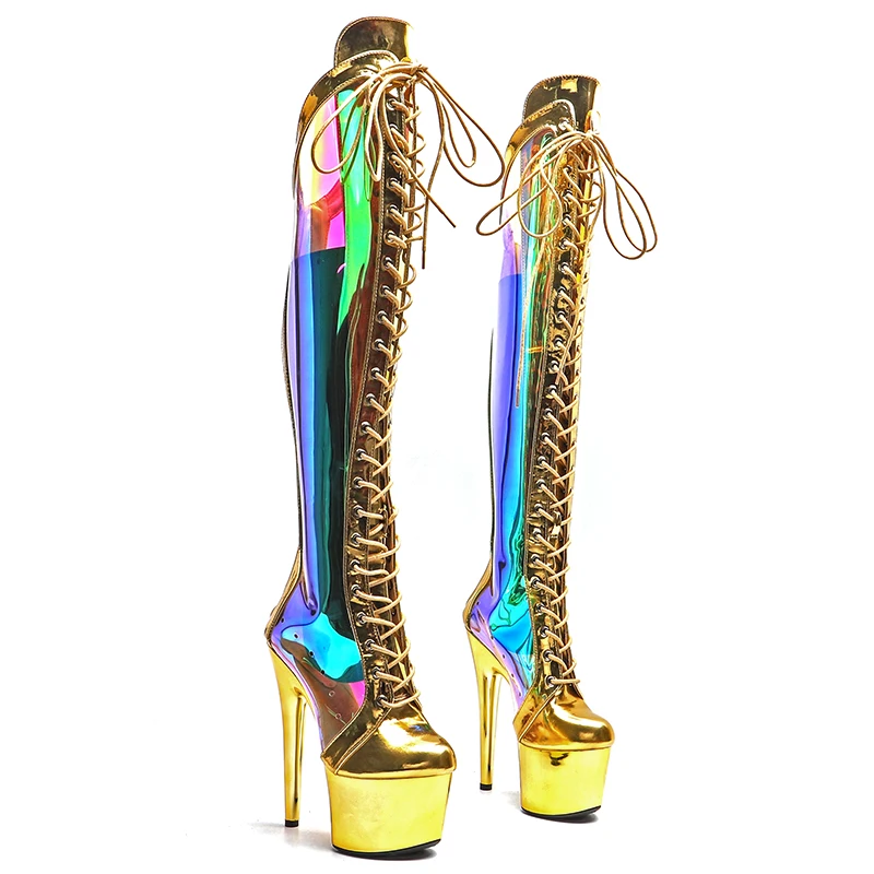 Leecabe  17CM/7inches holography Clear TPU  Upper  with shiny PU Trend fashion High Heel platform stripper heel Pole Dance boots