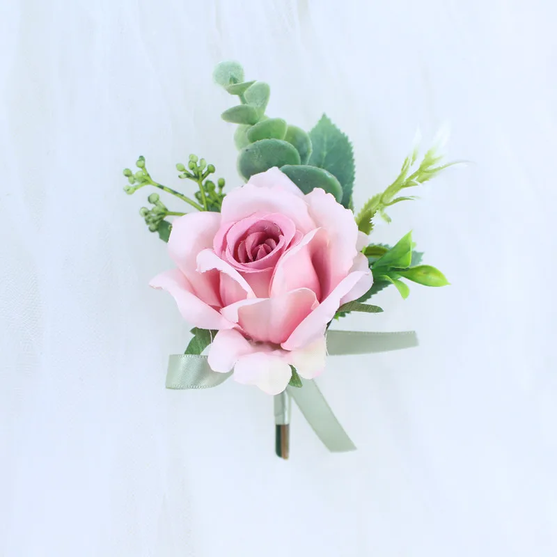 YO CHO Wedding Planner Roses Artificial Silk Flower Wrist Corsage Bracelet Groom Boutonniere White Wedding Men Marriage Flowers