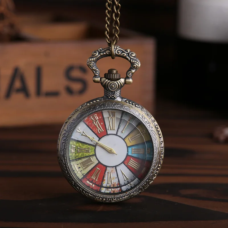 Reloj de bolsillo de cuarzo para hombre, cronógrafo con esfera część romantos coloridos, cadena de collar, colgante de ocio