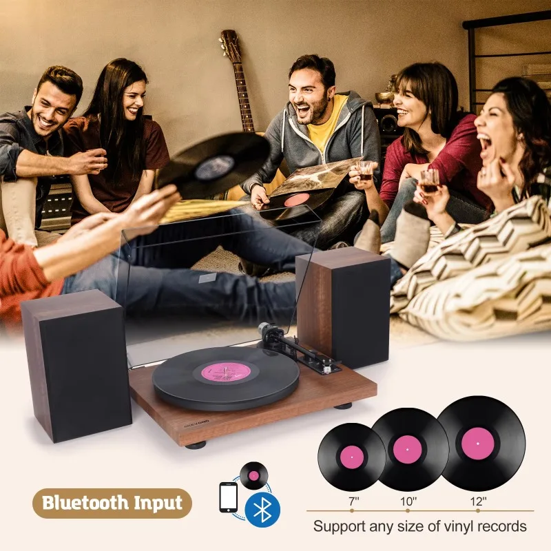 Wooden Design Vinyl Turntable reocrd player Phonograph  Record Players With BT LP AUX & pitch adjustment Function