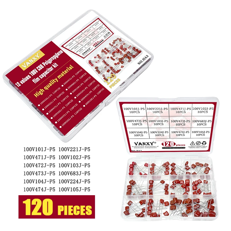 Condensateur 100VcommencerJ 100NF 0.1UF 100V 104 CBB 101 102 103 105 221 224 471 472 473 474 683 1NF 10NF 1UF 100dissolve 470NF, 20 pièces
