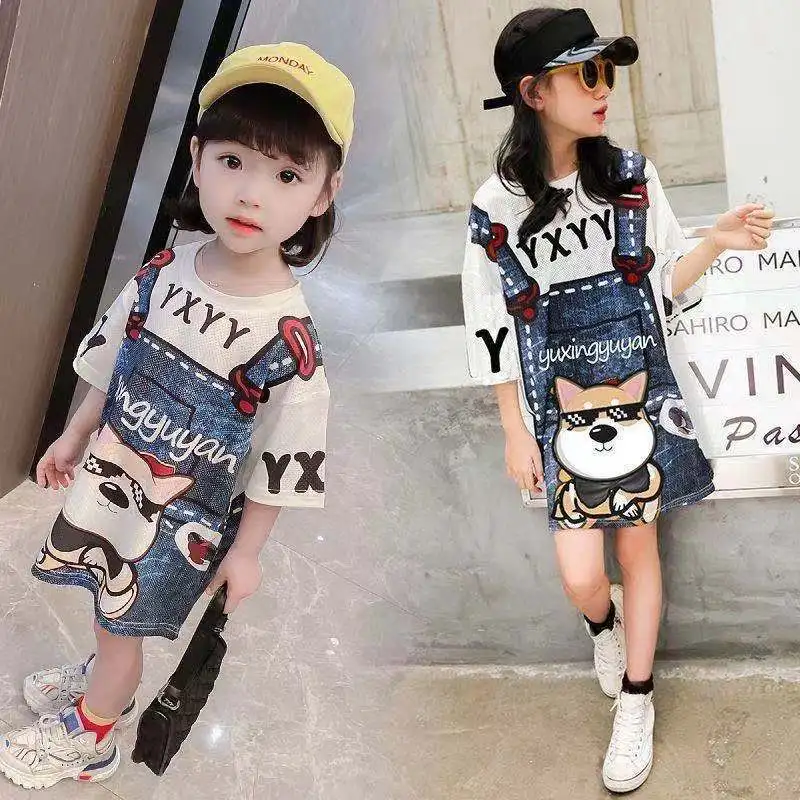 

Children T-shirt Dress 2022 New Girls Loose Half Sleeve Baby Vestidos Cartoon Print Long Top Dresses Summer Clothes